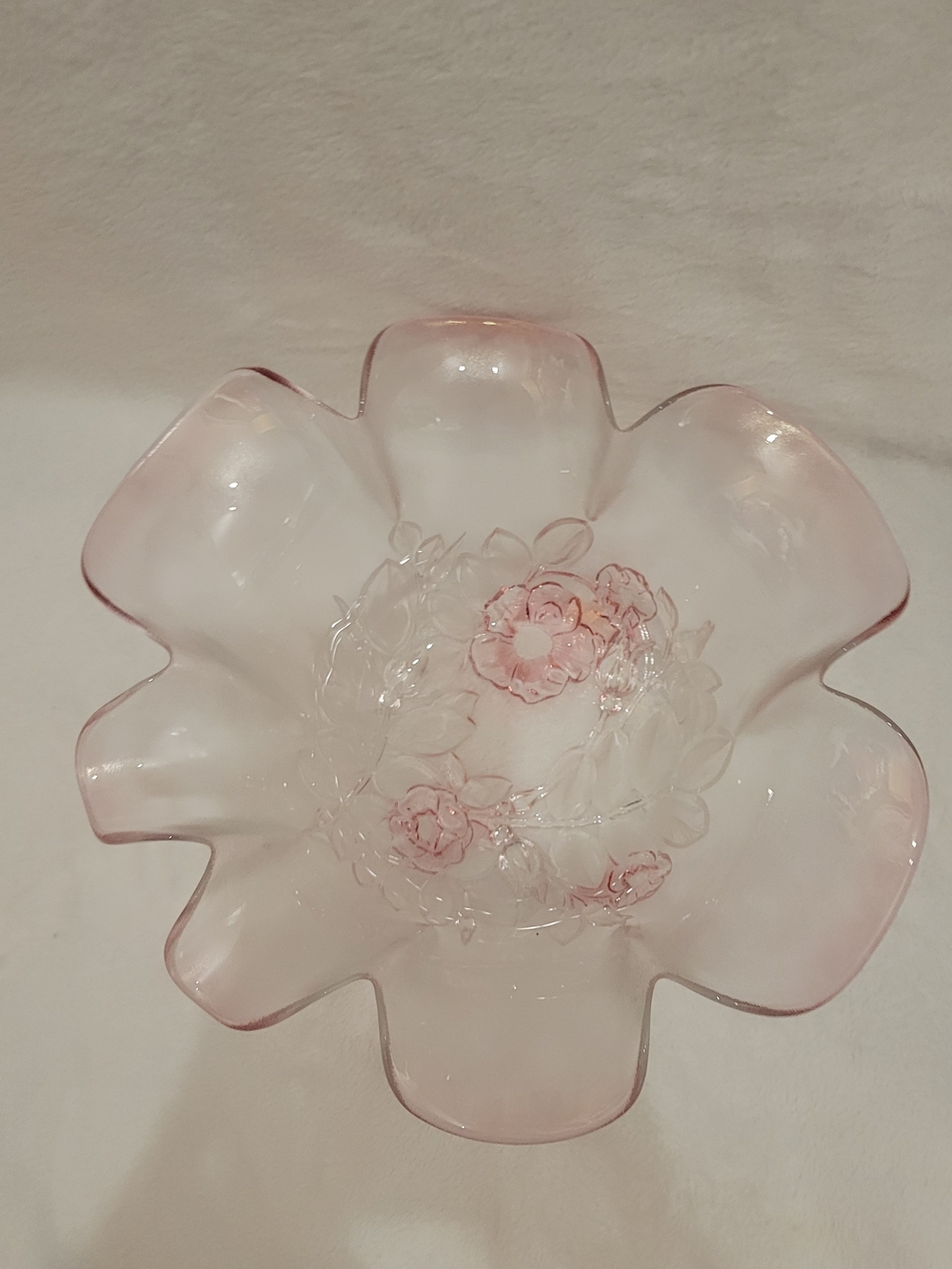 Vintage Frosted Pink Glass Ruffled Floral Bowl